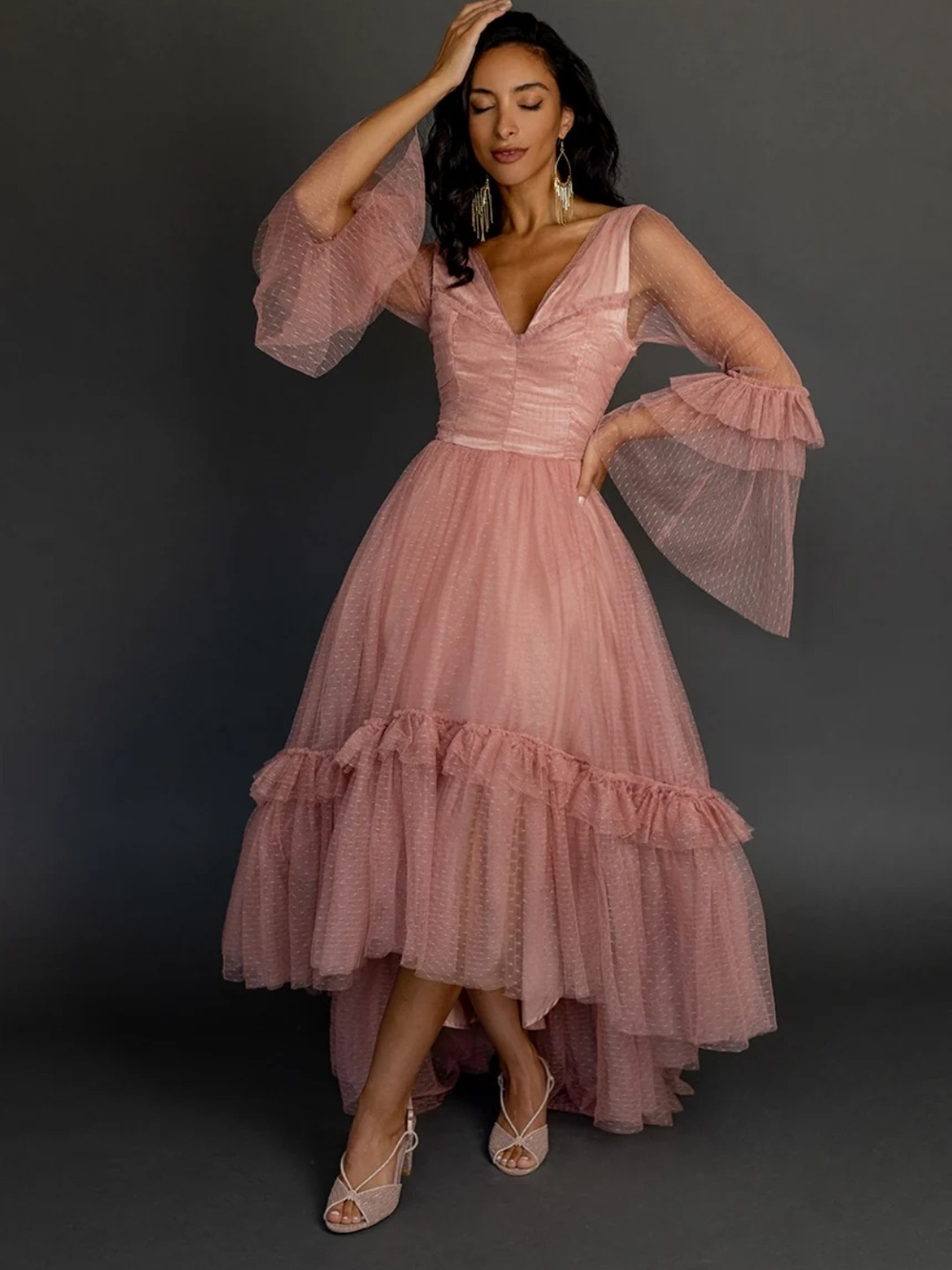 Joyfolie Dusty Rose V-Neck High-Low Ruffle Tulle Dress